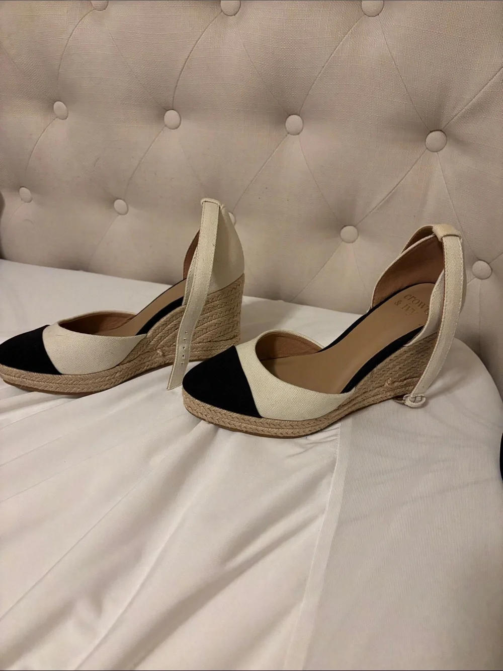 crown & ivy Cream and Black Ankle-Tie Espadrille Wedges